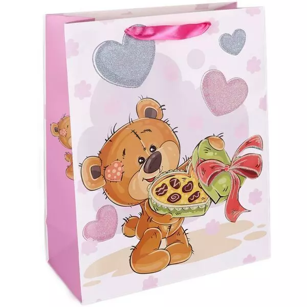 Ursuleț cu bomboane, pungă cadou cu sclipici - 23 x 18 x 10 cm