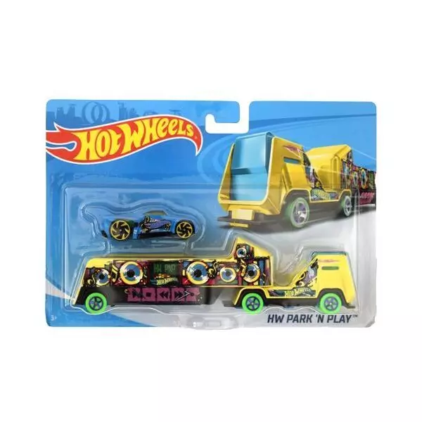 Hot Wheels City: HW Park n Play autószállító kamion versenyautóval - sárga