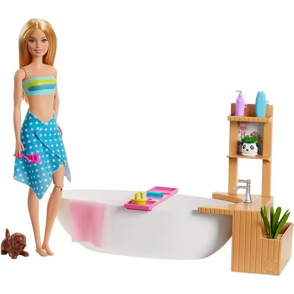 Barbie: Set de joacă Baie cu păpușă și sare de baie