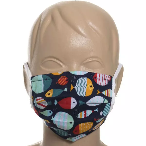 Mască facială pentru copii, textil cu două straturi cu inserție la nas - model peștișori, albastru