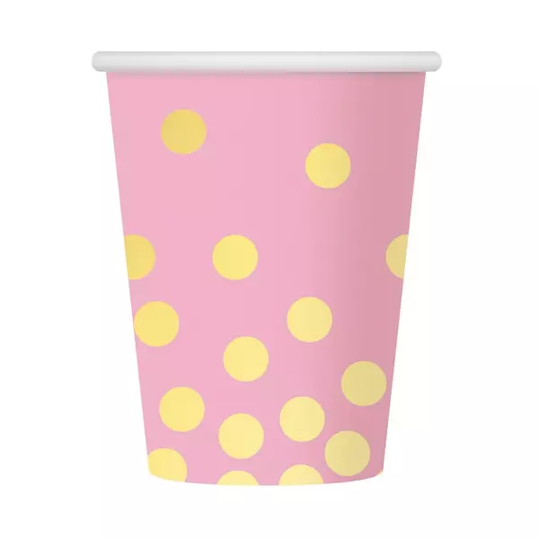 Arany pöttyös, rózsaszín papír pohár, 270 ml, 6 db-os