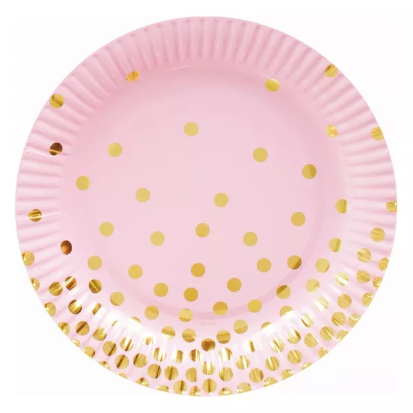 Arany pöttyös, rózsaszín papír tányér, 18 cm - 6 db-os