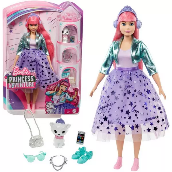 Barbie Princess Adventure - Păpușă prințesă cu păr roz și pisică