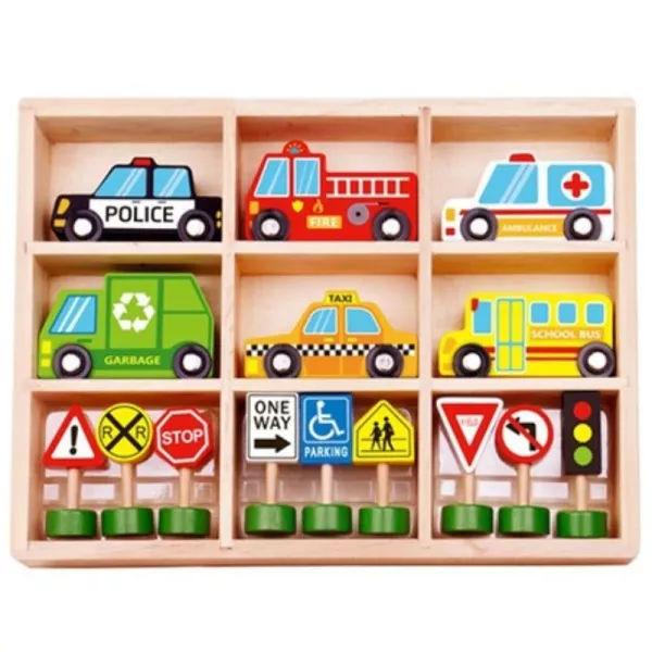 Tooky Toy: Városi jármű szett közlekedési táblákkal