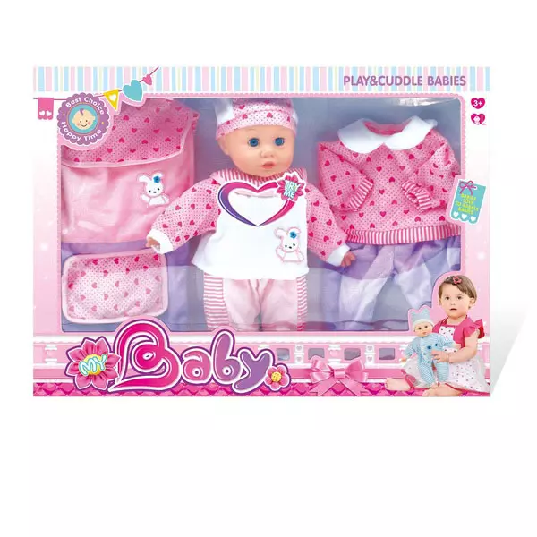 Puhatestű baba szívecskés ruhával és kistáskával - 36 cm