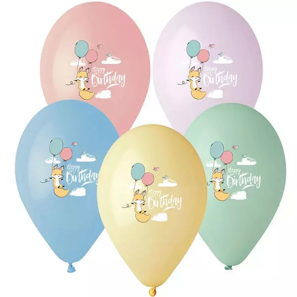 Set de 5 baloane, culori pastelate cu model vulpe și cu inscripție 