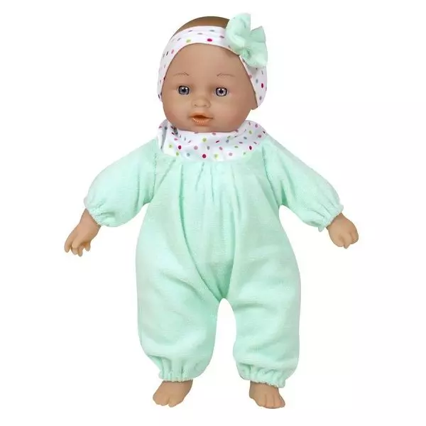 Păpușă bebeluș cu corp moale, îmbrăcat în turcoaz - 28 cm