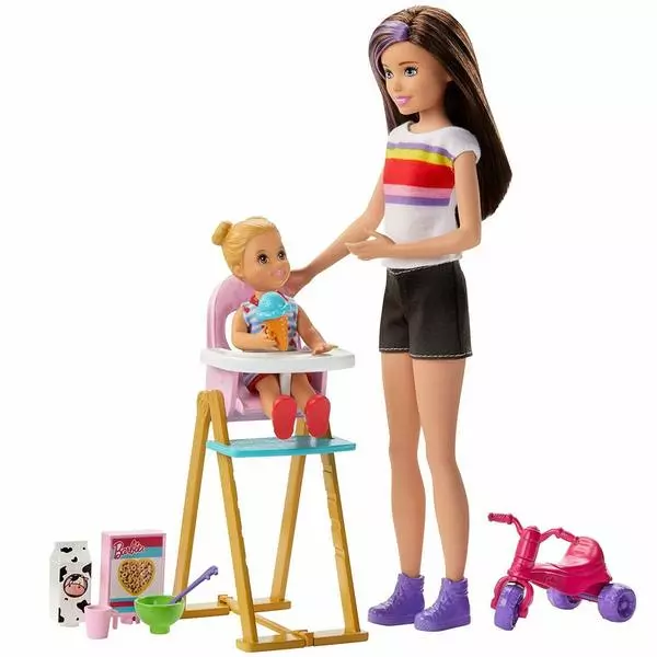 Barbie Skipper: lila-barna hajú bébiszitter Skipper szőke kislánnyal, kismotorral 