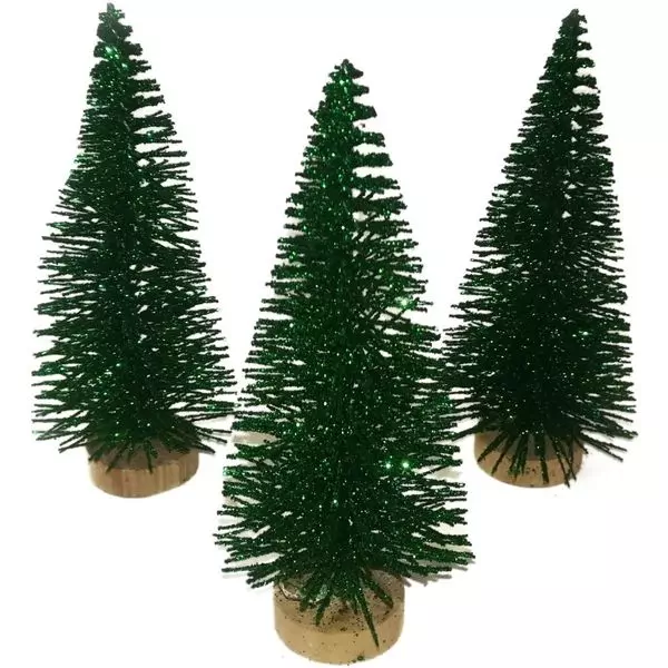 Zöld fenyőfa glitteres fa talppal - 10 cm, 3 db/cs