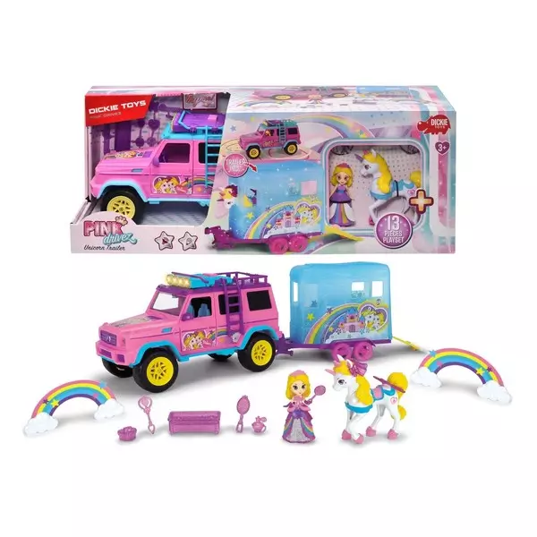 Dickie: Pink Drivez Mașinuță cu remorcă pentru unicorn și prințesă