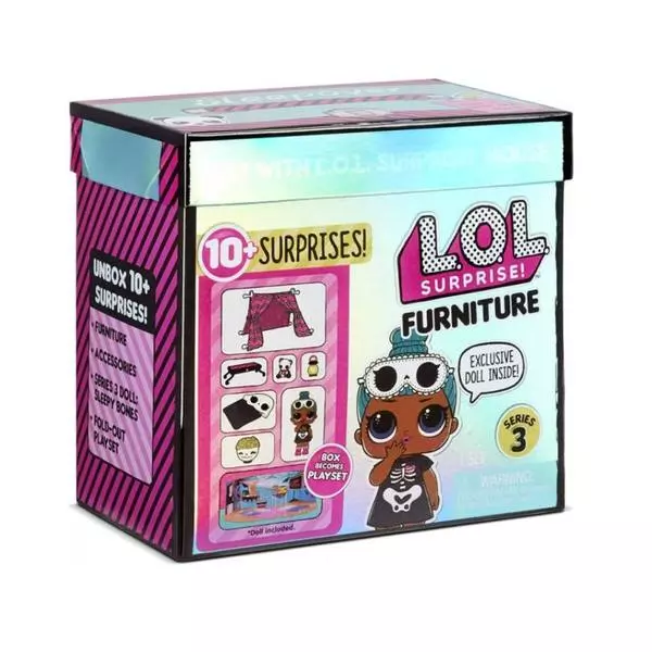 L.O.L Surprise Furniture 3. széria: Sleepover játékszett, babával és bútorokkal - ottalvós buli