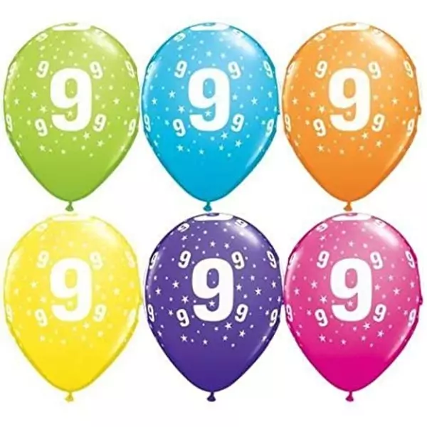 Set de 6 baloane colorate cu cifra 9 - mixt