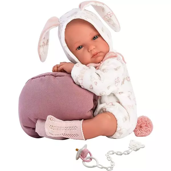 Llorens: Bimba kislány baba nyuszis ruhában, hordozóval - 35 cm