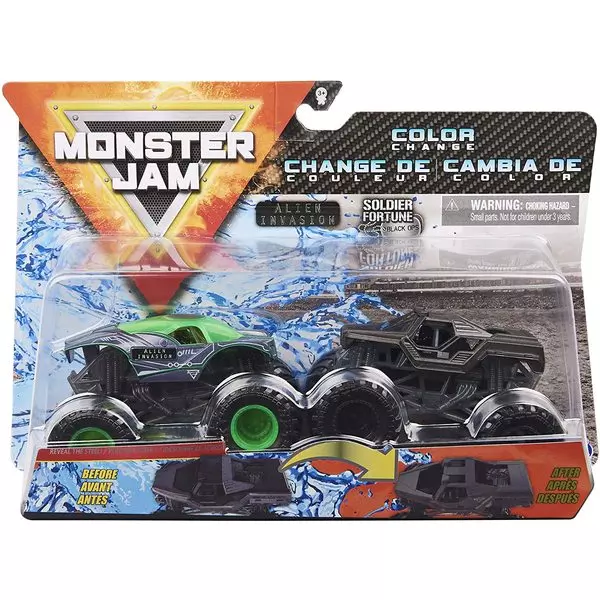 Monster Jam: Alien Invasion și Soldier Fortune - set cu 2 mașinuțe culori schimbătoare
