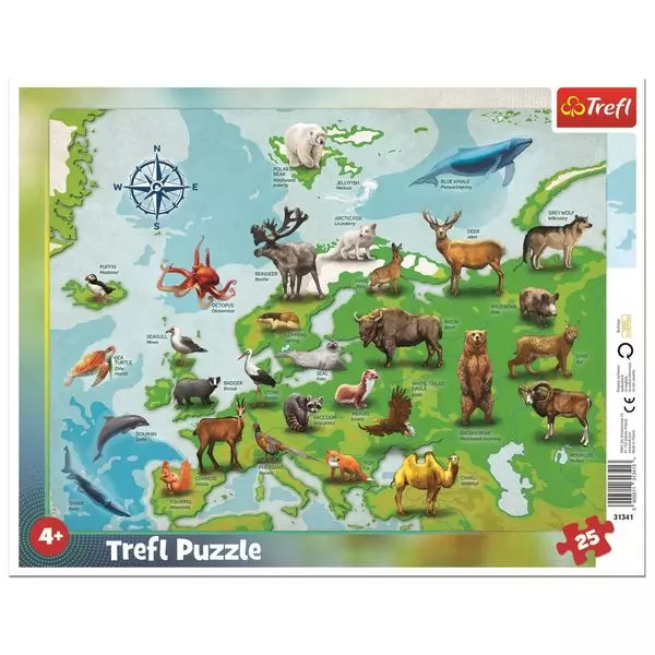 Trefl: Harta Europei cu animale - puzzle cu 25 piese cu chenar
