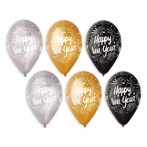 Pachet de baloane premium cu inscripție Happy New Year - 6 buc., auriu, argintiu, negru