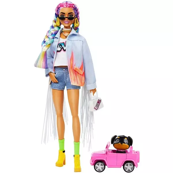 Barbie Extra: Păpușă extravagantă cu păr curcubeu și cățeluș cu mașină