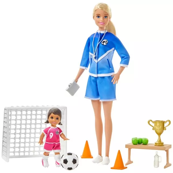 Barbie: Sportos játékszett - szőke hajú fociedző Barbie