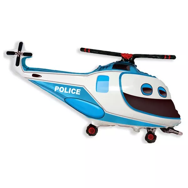 Rendőrségi helikopter pálcára tehető fólia lufi - kék, 36 cm