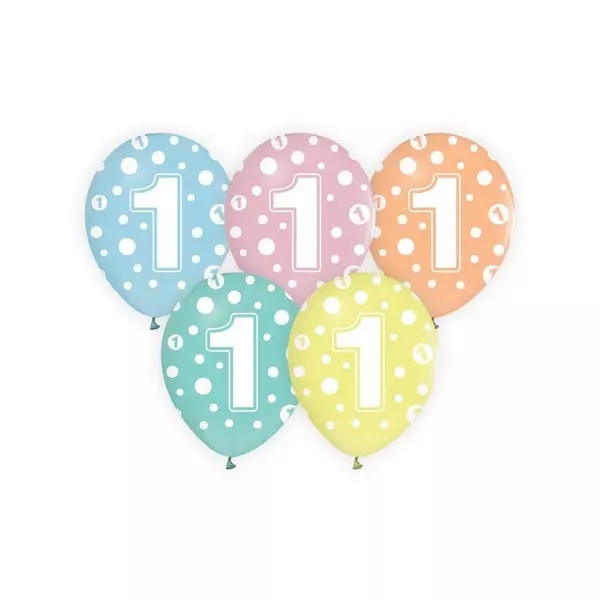 Set di 5 palloncini colorati con pois e cifra - 1