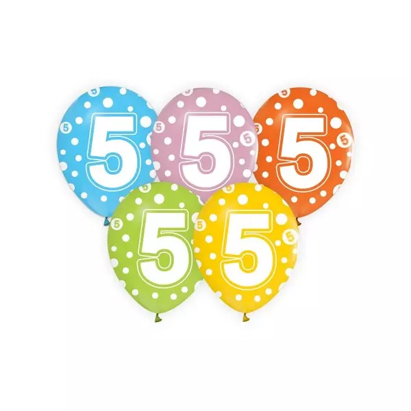 Set de 5 baloane colorate cu buline și cifră - 5