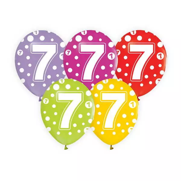 Set de 5 baloane colorate cu buline și cifră - 7