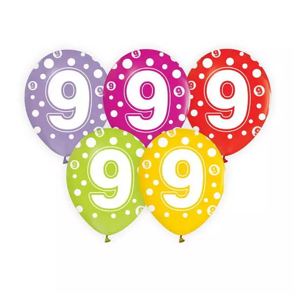 Set de 5 baloane colorate cu buline și cifră - 9