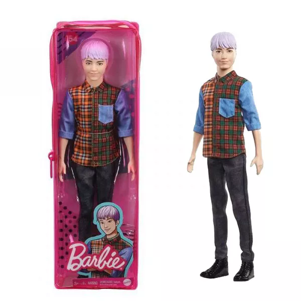 Barbie Fashionistas: Păpușă Ken cu păr violet într-un suport cu fermoar