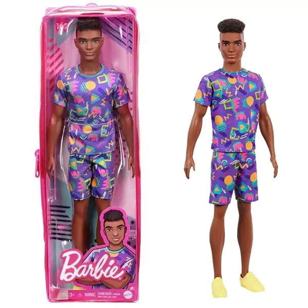 Barbie Fashionistas: Păpușă Ken în pijama mov într-un suport cu fermoar