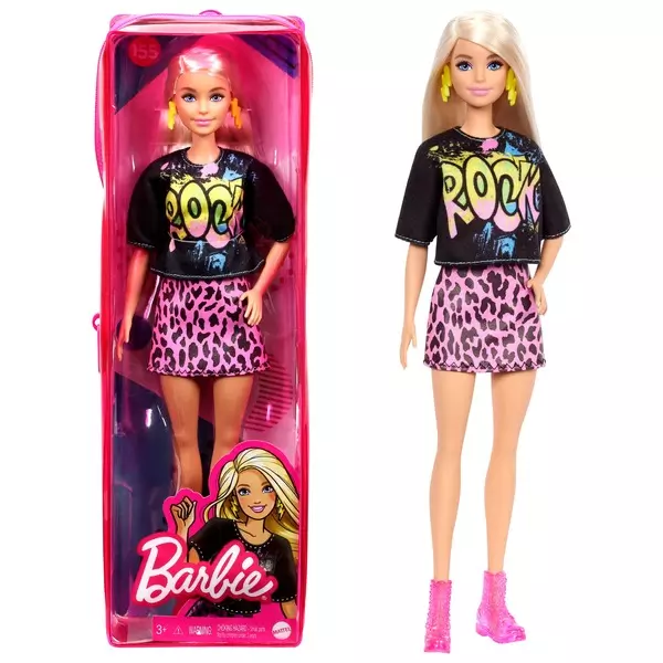 Barbie Fashionistas barátnők: Rocker Barbie párducmintás szoknyában cipzáras tartóban