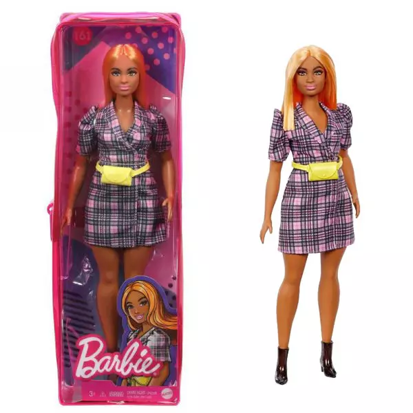 Barbie Fashionista barátnők: Rézvörös hajú molett Barbie kockás ruhában cipzáras tartóban