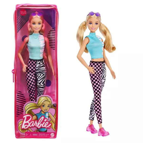 Barbie Fashionista barátnők: Malibu Barbie két copffal, napszemüveggel cipzáras tartóban