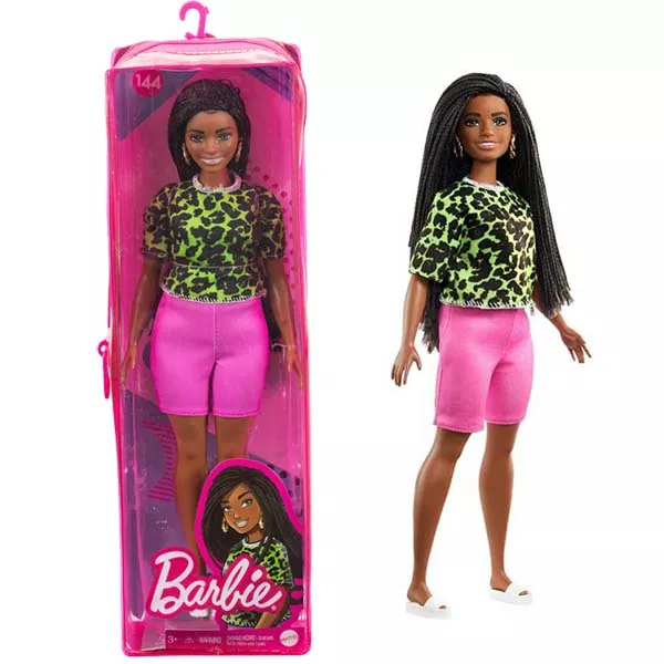 Barbie Fashionistas: Barna bőrű molett Barbie zöld felsőben cipzáras tartóban