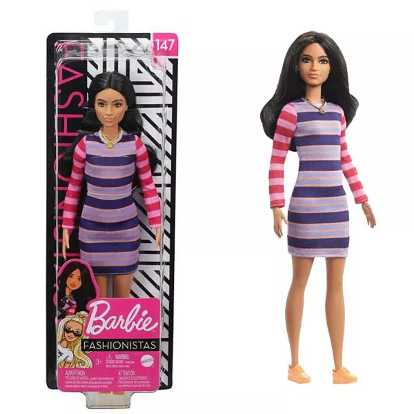 Barbie Fashionistas: Fekete hajú Barbie csíkos ruhában