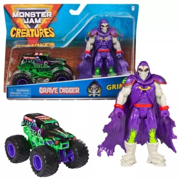 Monster Jam: Mașinuță Grave Digger cu figurină Grim