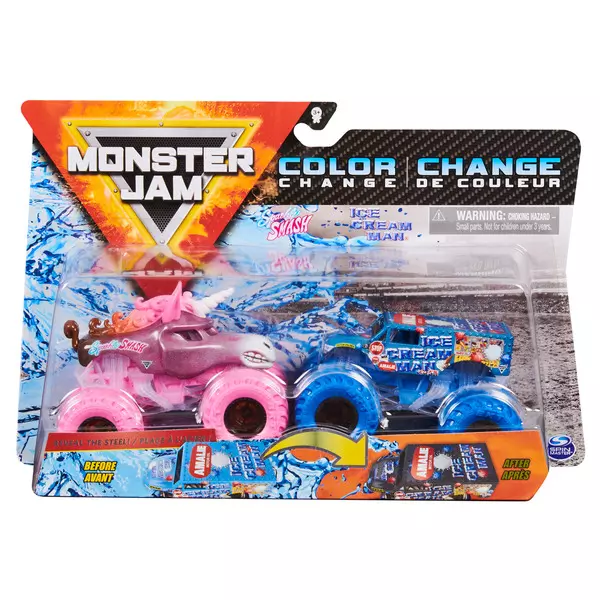 Monster Jam: Sparkle Smash și Ice Cream Man - set cu 2 mașinuțe culori schimbătoare