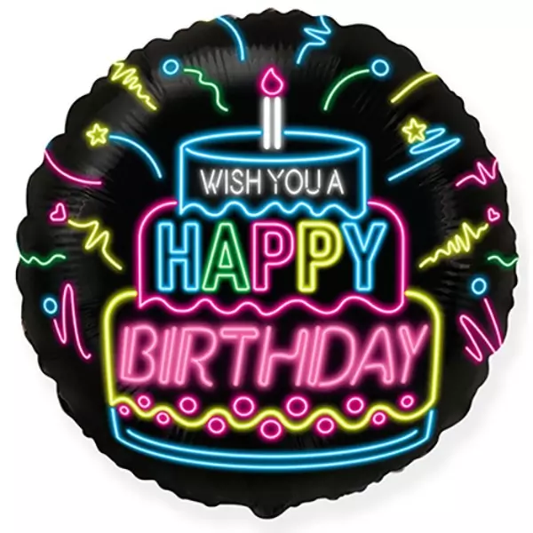 Fekete alapon neon Happy Birthday feliratú fólia lufi - 45 cm