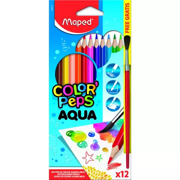 MAPED: Color Peps Aqua akvarell színes ceruza készlet ecsettel - háromszögletű, 12 db