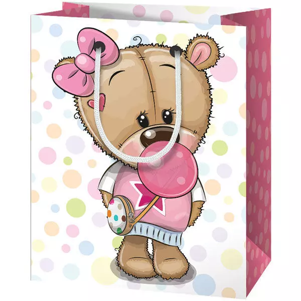 Pungă cadou cu model ursuleț - 11 x 6 x 14 cm, roz