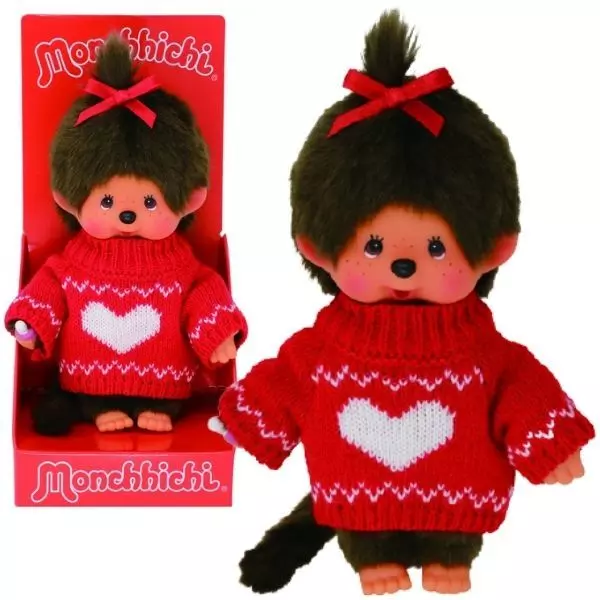 Păpuşă Monchhichi fetiță în pulover roșu - 20 cm