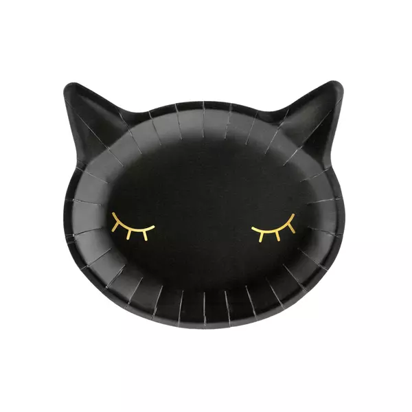 Set de 6 farfurii carton cu design cap de pisică neagră - 22 x 20 cm
