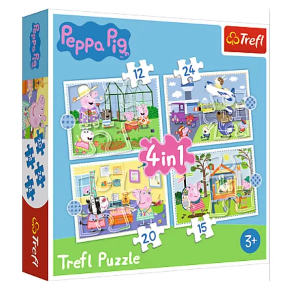 Trefl: Amintirile de vacanță a lui Peppa Pig - puzzle 4-în-1 de 12, 15, 20 și 24 de piese