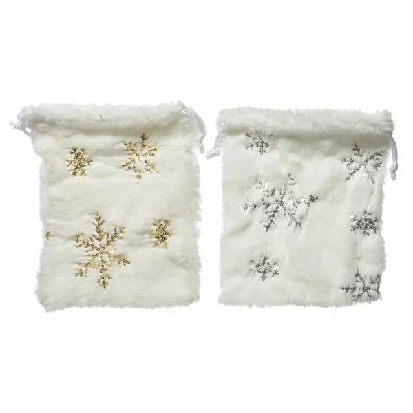 Săculeț alb pentru cadouri, cu model fulg de zăpadă - 21 x 17 cm