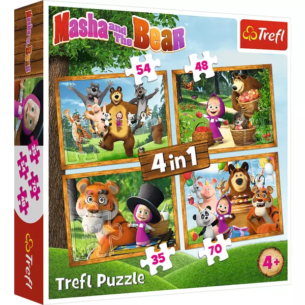 Trefl: Masha în pădure - puzzle 4-în-1 de 35, 48, 54, 70 de piese