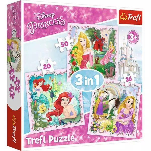 Trefl: Prințesele Disney - puzzle 3-în-1 cu 20, 36 și 50 de piese