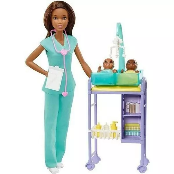 Barbie karrier baba: Barna bőrű gyerekorvos ikerbabákkal