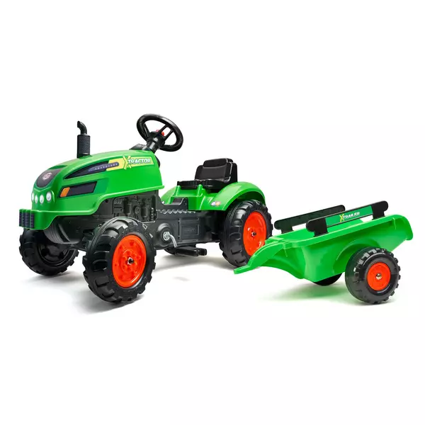 Falk: Pedálos X traktor kinyitható motorháztetővel és pótkocsival - zöld