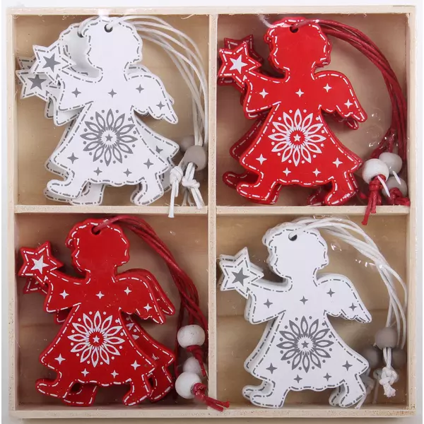 Ornamente de înger din lemn, alb și roșu - 12 buc.