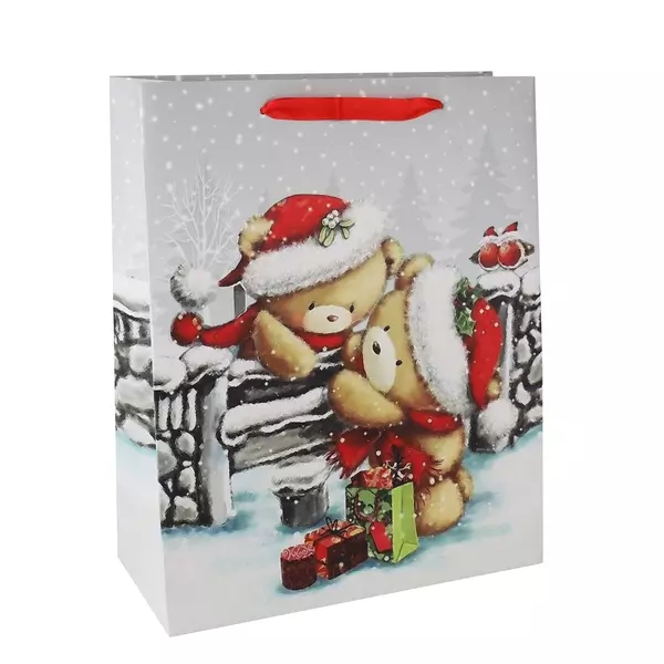 Pungă cadou cu model ursuleți și cadouri de crăciun - 26 x 32 cm