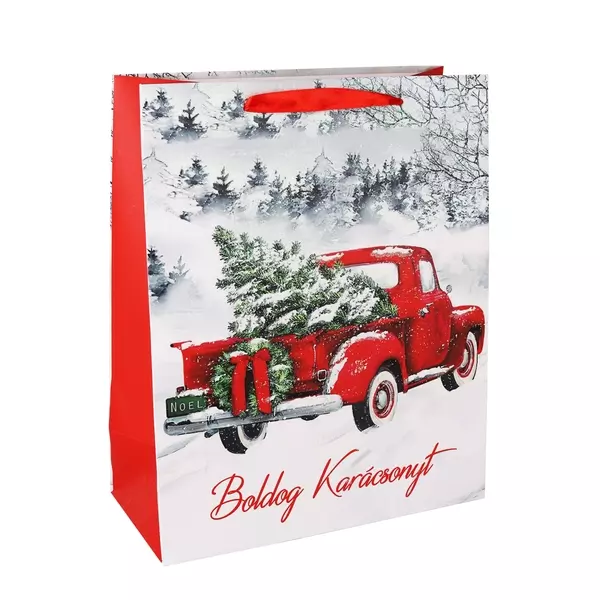 Fenyőfát szállító piros furgon ajándéktasak, feliratos - 18 x 23 cm